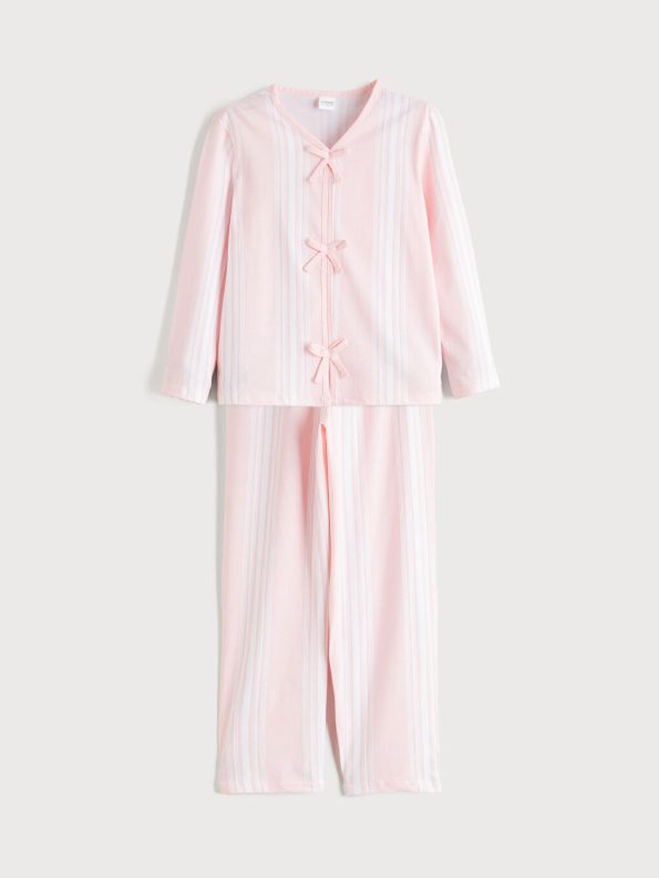 LCW Kids White V-Neck Bow Detail Girls Pajama Set