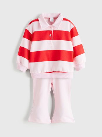 LCW Baby Pink Polo Collar Sweatshirt and Leggings Set