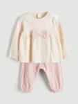 LCW Baby Beige Bow Detail Girls' Blouse and Pants Set