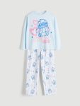 LCW Kids Blue Crew Neck Stitch Printed Pajama Set for Girls