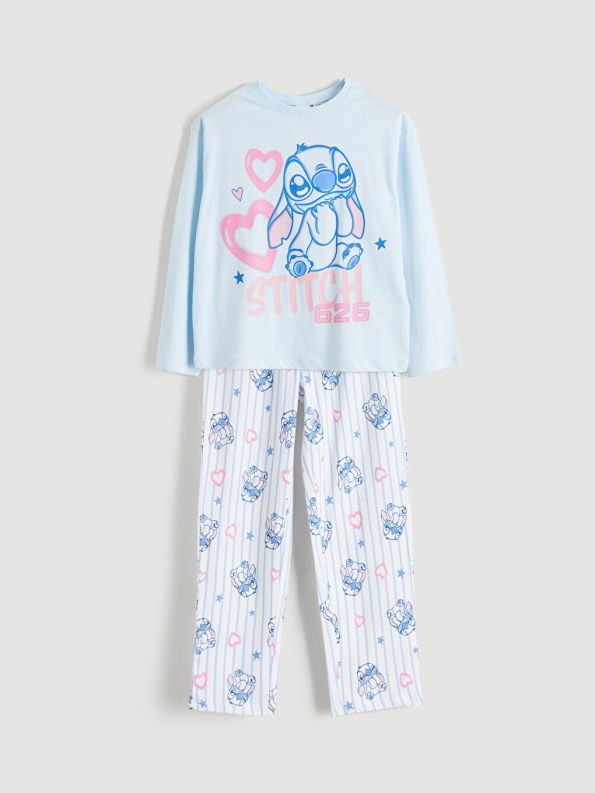 LCW Kids Blue Crew Neck Stitch Printed Pajama Set for Girls