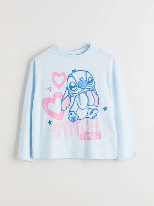 LCW Kids Blue Crew Neck Stitch Printed Pajama Set for Girls
