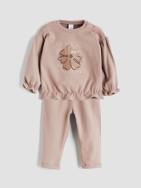 LCW Baby Brown Floral Print Ruffled Sweatshirt and Pants Set