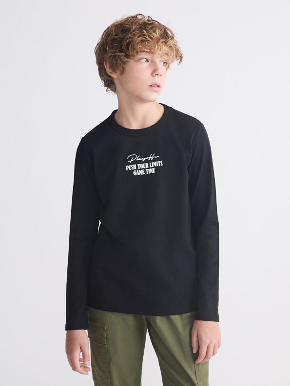 LCW Kids Black Crew Neck Long Sleeve T-Shirt for Boys