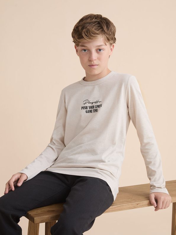LCW Kids Beige Crew Neck Long Sleeve Boys T-Shirt