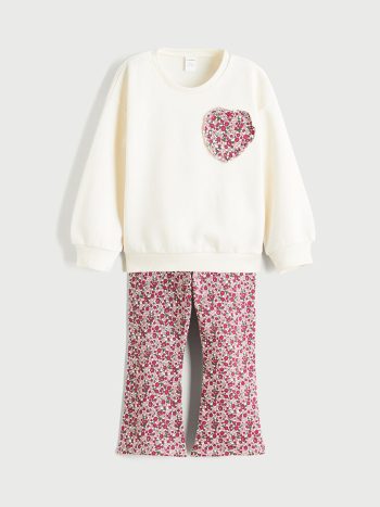 LCW Kids Cream Floral Print Girls Sweatshirt and Leggings Set