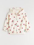 LCW Kids Cream Hooded Printed Girls Zippered Sweatshirt