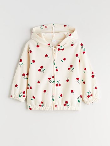 LCW Kids Cream Hooded Printed Girls Zippered Sweatshirt