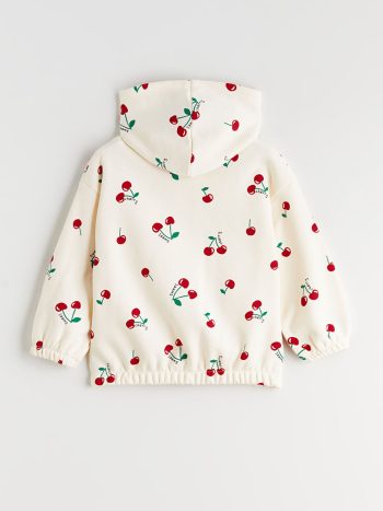 LCW Kids Cream Hooded Printed Girls Zippered Sweatshirt