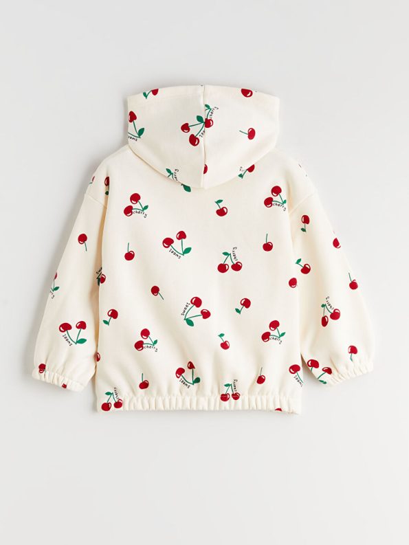 LCW Kids Cream Hooded Printed Girls Zippered Sweatshirt
