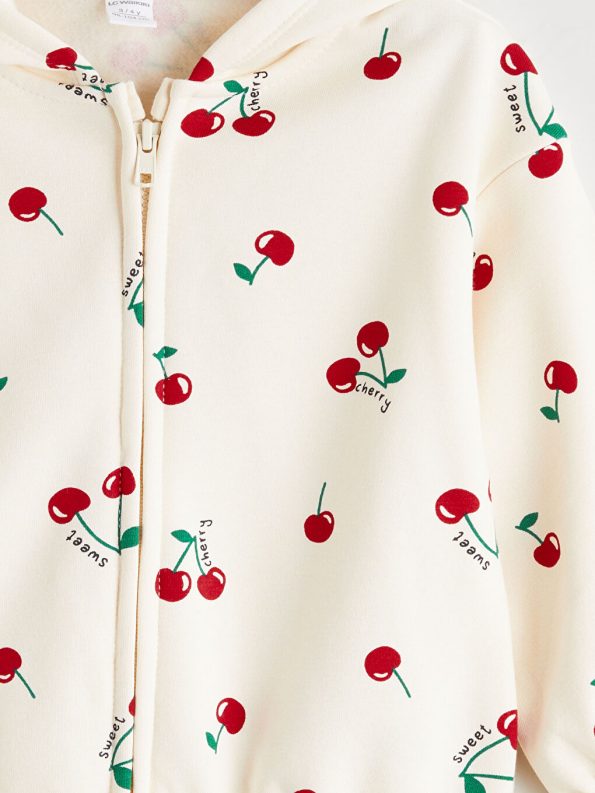 LCW Kids Cream Hooded Printed Girls Zippered Sweatshirt