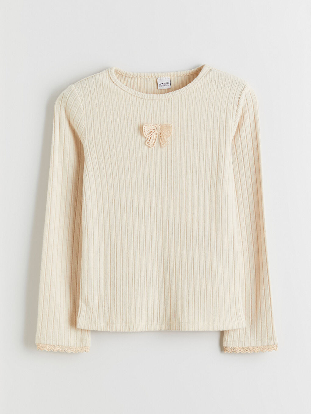 l_20252-w5mi23z4-d2y_a.jpg LCW Kids Beige Crew Neck Bow Detail Girls T-Shirt