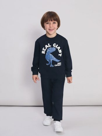 LCW Kids Navy Printed Boys Sweatshirt and Sweatpants Set