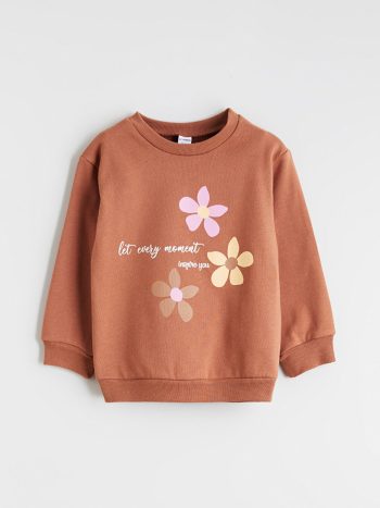 LCW Kids Brown Printed Crew Neck Sweatshirt Set for Girls