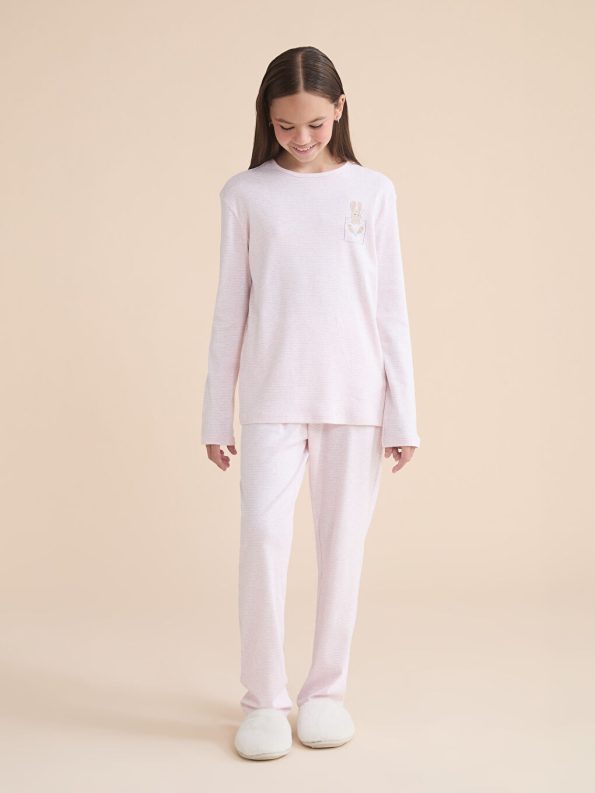 LCW Kids Cream Round Neck Girls Pajama Set