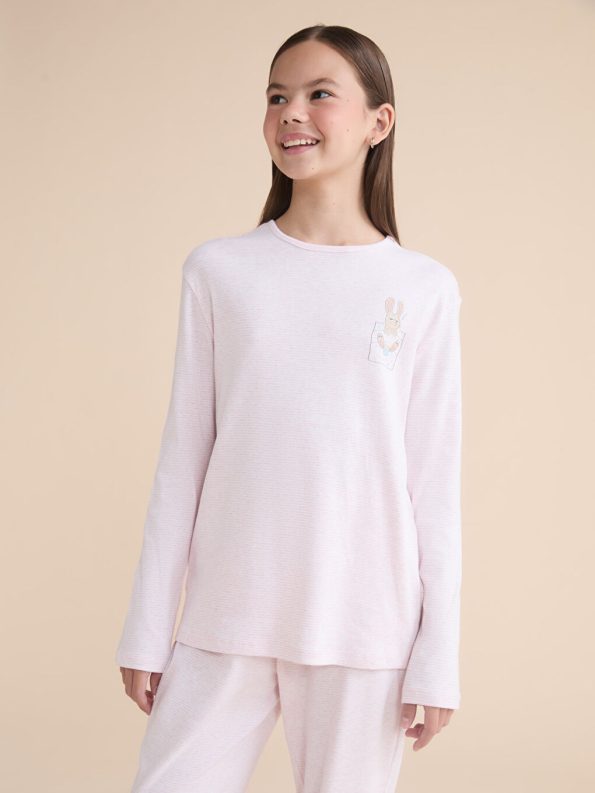 LCW Kids Cream Round Neck Girls Pajama Set