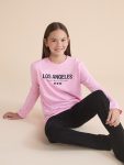 LCW Kids Pink Crew Neck Los Angeles Printed Girls Pajama Set