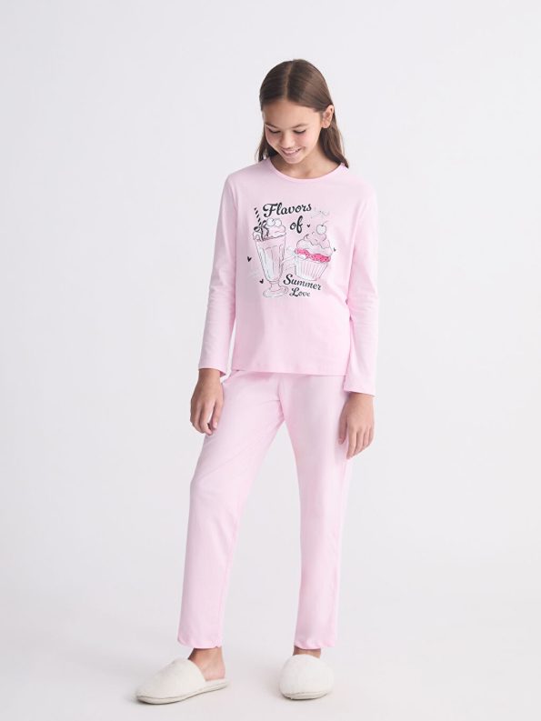 LCW Kids Pink Crew Neck Girls Pajama Set