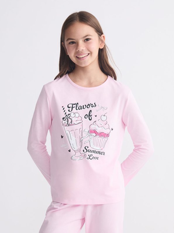 LCW Kids Pink Crew Neck Girls Pajama Set