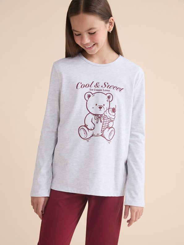 LCW Kids Gray Crew Neck Pajama Set for Girls