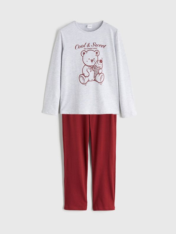 LCW Kids Gray Crew Neck Pajama Set for Girls