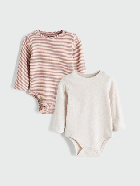 LCW Baby Beige Crew Neck Baby Boy Bodysuit Set of 2