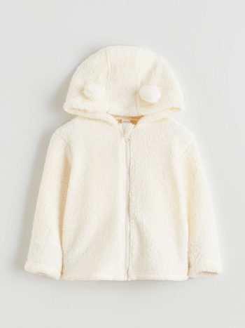 LCW Baby Cream Hooded Basic Plush Cardigan for Girls