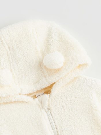 LCW Baby Cream Hooded Basic Plush Cardigan for Girls
