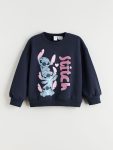 LCW Kids Navy Blue Round Neck Printed Sweatshirt for Girls