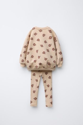 Girls' Cotton Beige Floral Patterned Sweatshirt and Leggings Set - Soft Texture