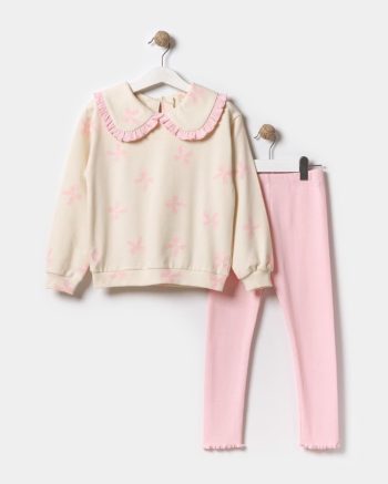 Girls' Cotton Ecru Ruffle Collar Sweatshirt and Pink Leggings Set