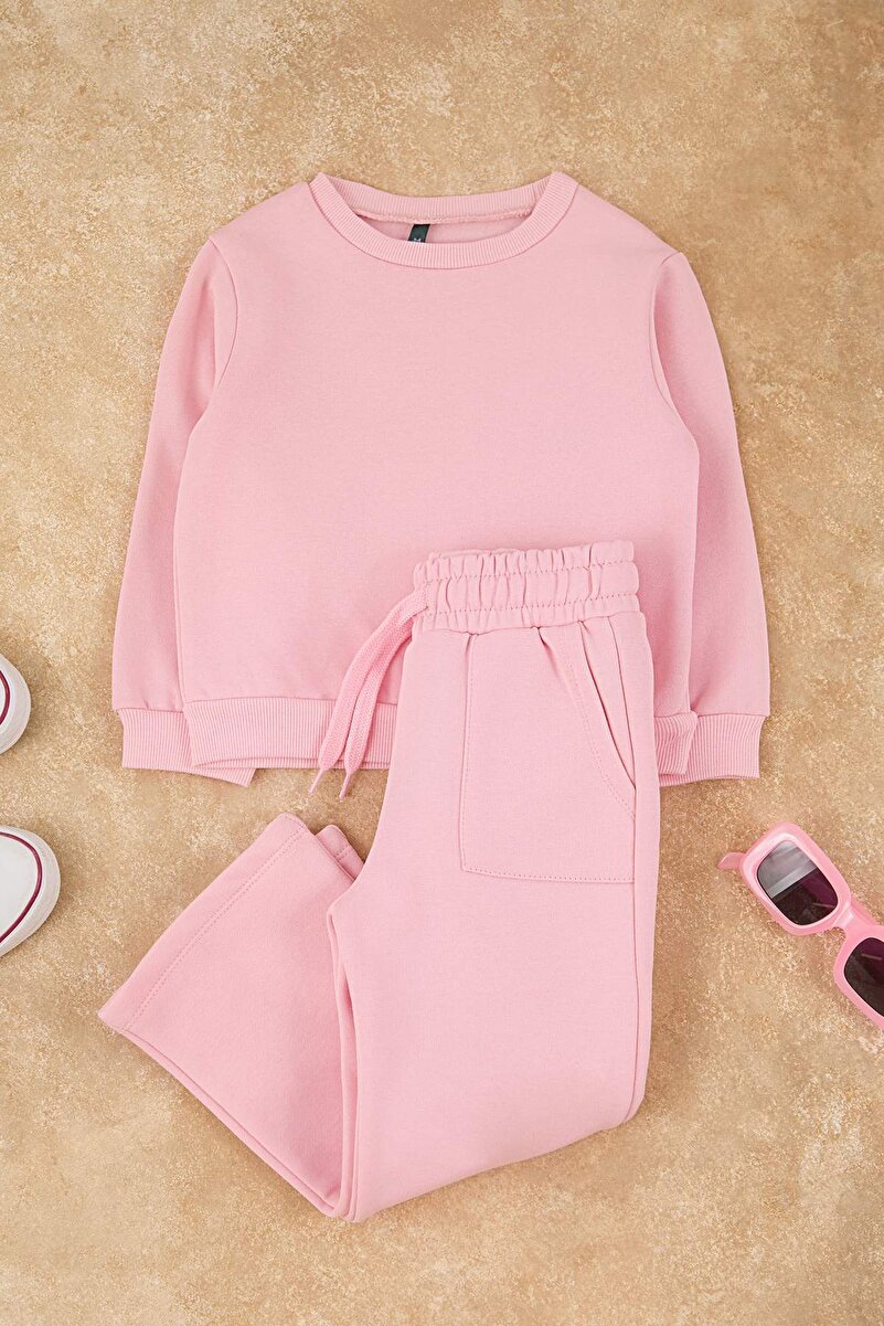 0_org_zoom-14.jpg Trendyolmilla Kids Pink Cotton Basic Fleece-Lined Sweatshirt and Jogger Set