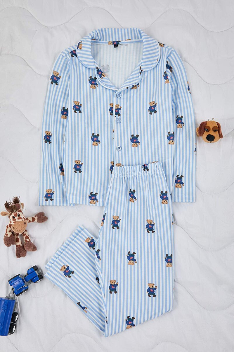 0_org_zoom-16.jpg Trendyolmilla Kids Blue Soft Textured Boys' Printed Shirt Collar Regular Knit Pajama Set