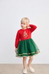 Girls' Cotton Red Christmas Tree Pattern Dress with Tulle and Pom Pom Details