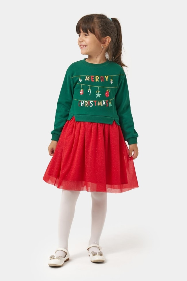 1559276e-266d-4197-9941-897c97b0cc9c-c1c-cc.jpg Girls' Cotton Green Dress with Red Tulle - Merry Christmas Print
