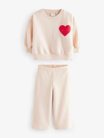 Girls' Cotton Beige Heart Patterned Sweatshirt and Wide Leg Pants Set