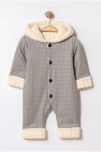 Chicsy Baby Winter Plaid Hooded Plush Lined Buttoned Jumpsuit