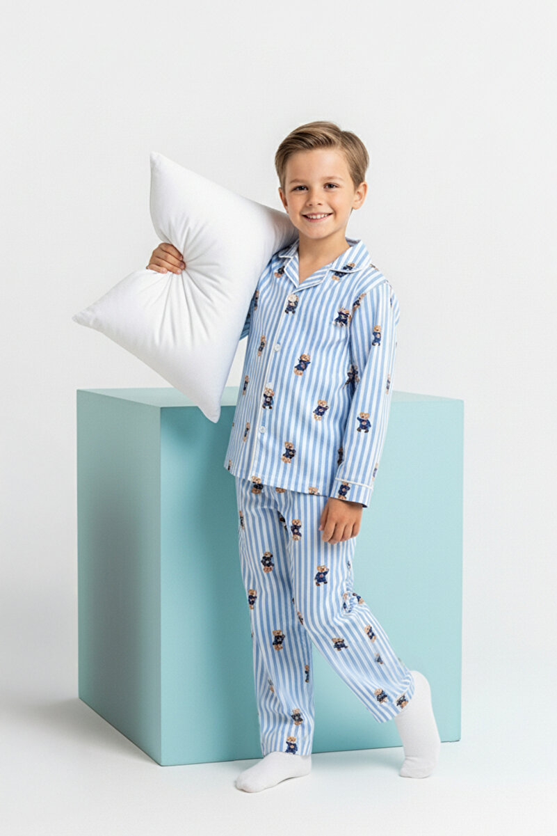 1_org_zoom-376.jpg Trendyolmilla Kids Blue Soft Textured Boys' Printed Shirt Collar Regular Knit Pajama Set