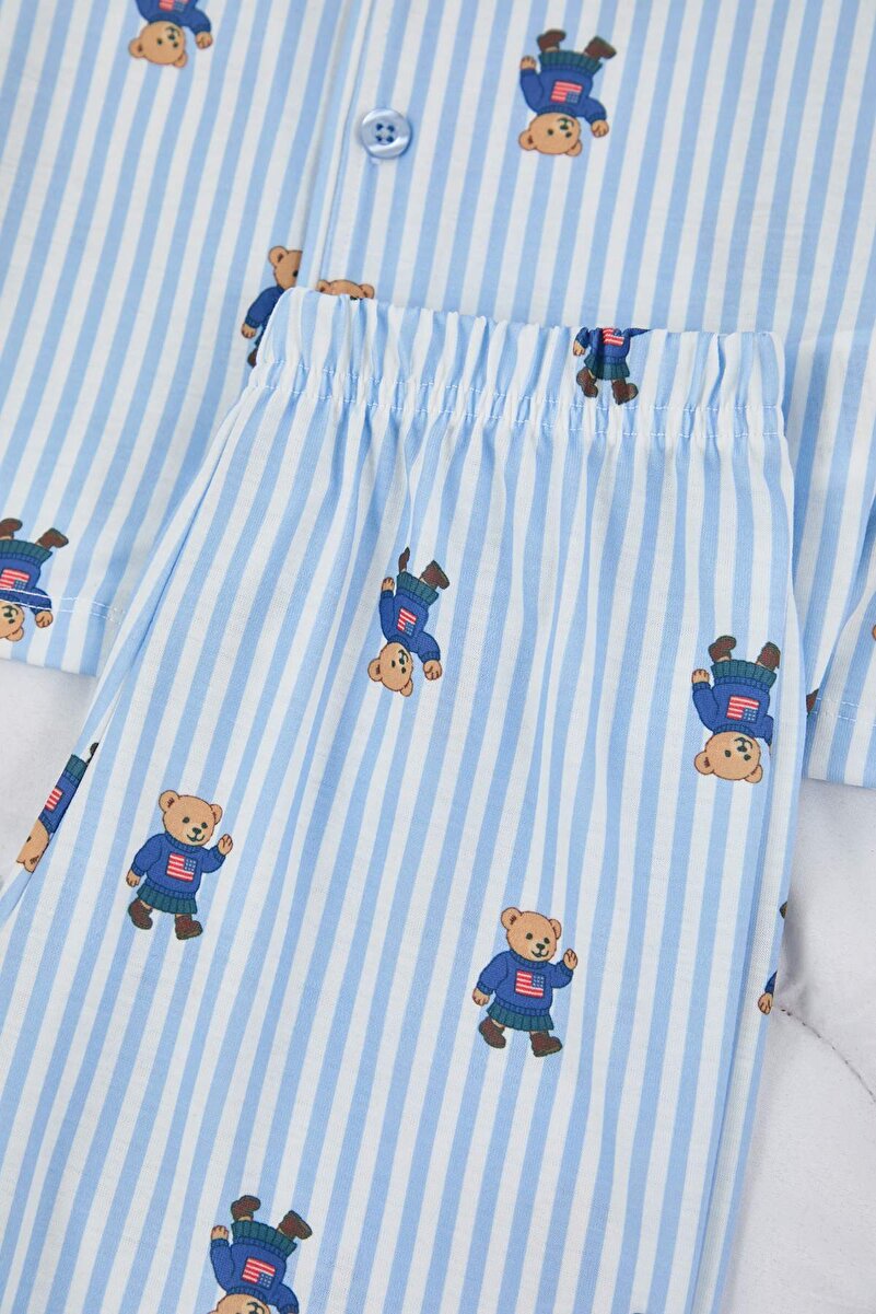 1_org_zoom-377.jpg Trendyolmilla Kids Blue Soft Textured Boys' Printed Shirt Collar Regular Knit Pajama Set