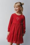 Girls' Cotton Red Candy Heart Patterned Tulle Dress with Ruffled Glitter Skirt