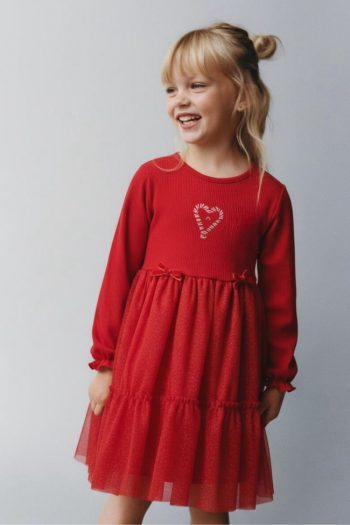 Girls' Cotton Red Candy Heart Patterned Tulle Dress with Ruffled Glitter Skirt