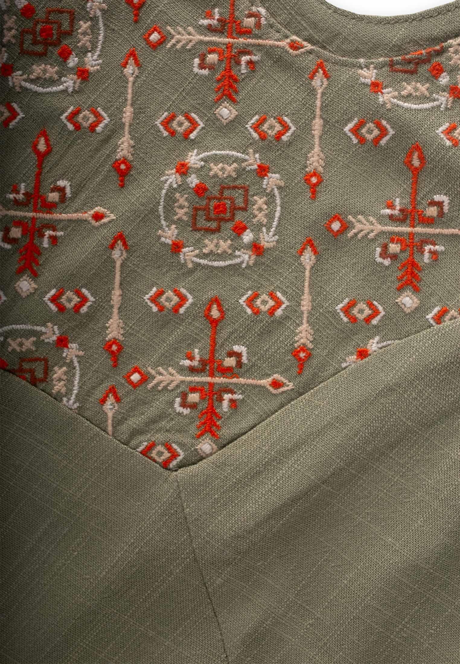 20223-5026roba-komple-nakisli-keten-sa-c1-a79.jpg Embroidered Linen Overall for Ages 2-7 in Olive Green