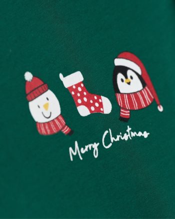 Girls' Cotton Green Penguin and Snowman Themed Tulle Skirt Christmas Dress