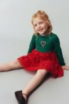 Girls' Cotton Green Heart Long Sleeve Red Tulle Dress - Holiday Theme