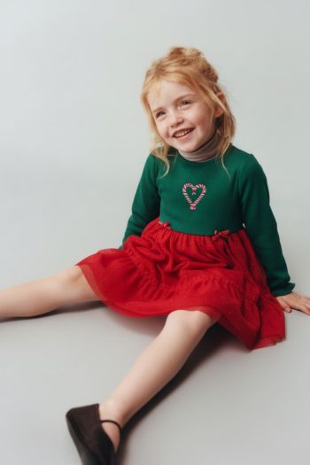 Girls' Cotton Green Heart Long Sleeve Red Tulle Dress - Holiday Theme
