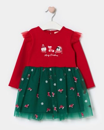 Girls' Cotton Red Penguin and Snowman Themed Tulle Skirt Christmas Dress