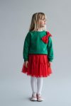 Girls' Cotton Green Top with Red Tulle Bow Detail New Year Set