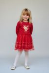 Girls' Cotton Red Deer Print Tulle Dress - Christmas Themed