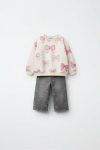 Girls' Cotton Cream Pink Bow Patterned Sweatshirt and Gray Embroidered Jean Set