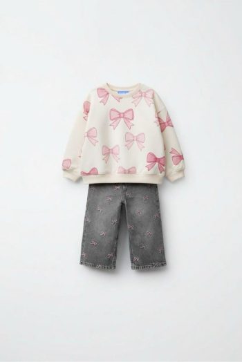 Girls' Cotton Cream Pink Bow Patterned Sweatshirt and Gray Embroidered Jean Set